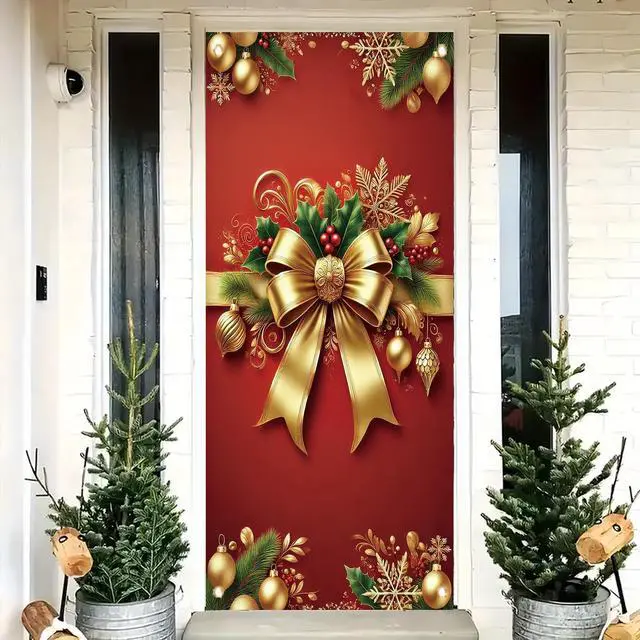 Main image of Christmas Door Cover Red Gold Bow Banner 71 x 35 Inch Wrap Backdrop with Ornaments Holly Leaves and Snowflakes for Christmas Party Wall Hanging Front Door Winter Decoration