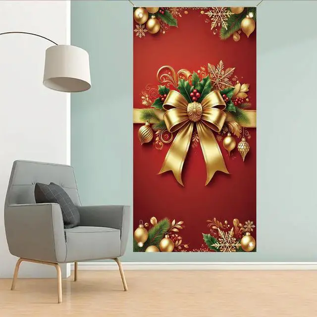 Alt view image 4 of 7 - Christmas Door Cover Red Gold Bow Banner 71 x 35 Inch Wrap Backdrop with Ornaments Holly Leaves and Snowflakes for Christmas Party Wall Hanging Front Door Winter Decoration