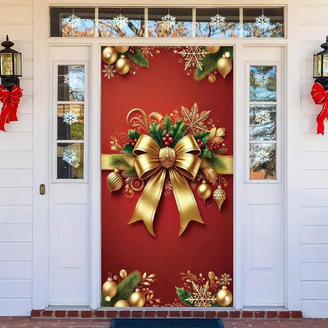 Alt view image 3 of 7 - Christmas Door Cover Red Gold Bow Banner 71 x 35 Inch Wrap Backdrop with Ornaments Holly Leaves and Snowflakes for Christmas Party Wall Hanging Front Door Winter Decoration