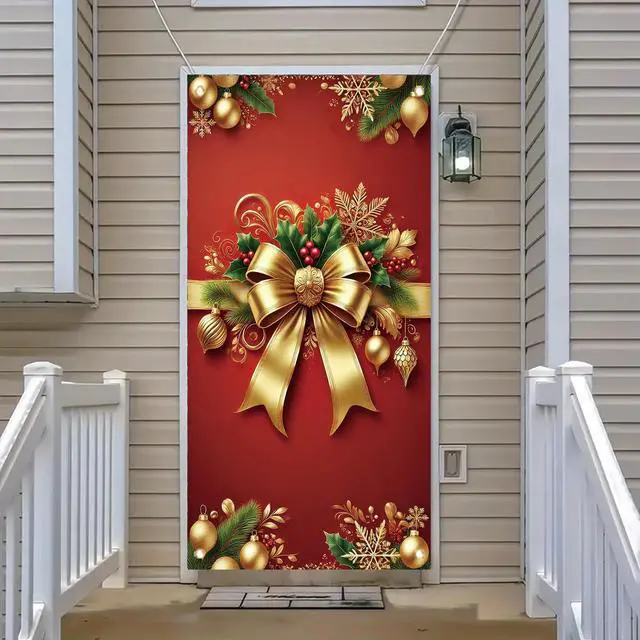 Alt view image 2 of 7 - Christmas Door Cover Red Gold Bow Banner 71 x 35 Inch Wrap Backdrop with Ornaments Holly Leaves and Snowflakes for Christmas Party Wall Hanging Front Door Winter Decoration