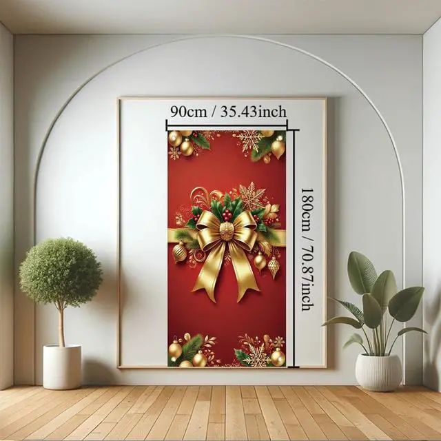 Alt view image 5 of 7 - Christmas Door Cover Red Gold Bow Banner 71 x 35 Inch Wrap Backdrop with Ornaments Holly Leaves and Snowflakes for Christmas Party Wall Hanging Front Door Winter Decoration