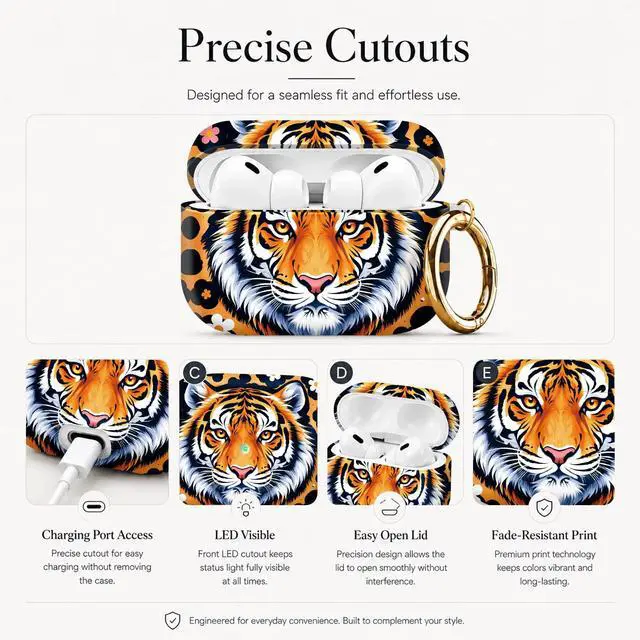 Alt view image 3 of 7 - Compatible with AirPod Pro 3 Case (2025), Stylish Pattern Protective Cover with Keychain, Shockproof Anti-Drop TPU Case for Women and Men(Tiger Face Floral Leopard)