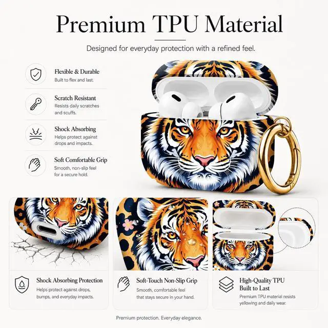 Alt view image 4 of 7 - Compatible with AirPod Pro 3 Case (2025), Stylish Pattern Protective Cover with Keychain, Shockproof Anti-Drop TPU Case for Women and Men(Tiger Face Floral Leopard)