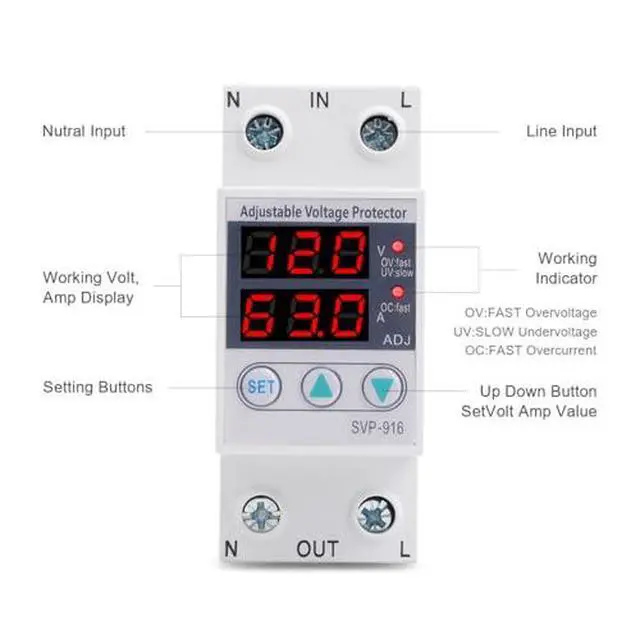 Alt view image 4 of 7 - Single Phase Voltage Protector Adjustable Over Under Voltage Protector 230VAC Current Protector for Home Appliances(40A)