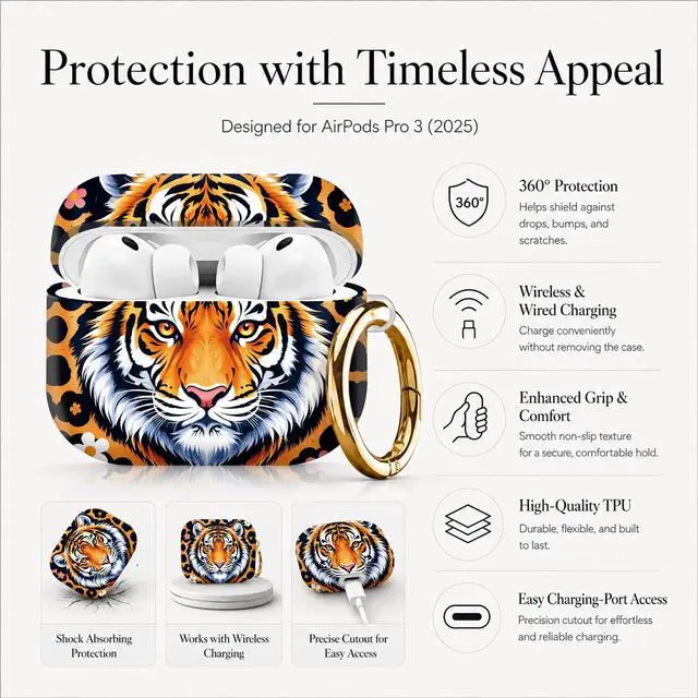 Alt view image 5 of 7 - Compatible with AirPod Pro 3 Case (2025), Stylish Pattern Protective Cover with Keychain, Shockproof Anti-Drop TPU Case for Women and Men(Tiger Face Floral Leopard)