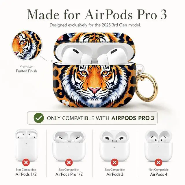 Alt view image 6 of 7 - Compatible with AirPod Pro 3 Case (2025), Stylish Pattern Protective Cover with Keychain, Shockproof Anti-Drop TPU Case for Women and Men(Tiger Face Floral Leopard)
