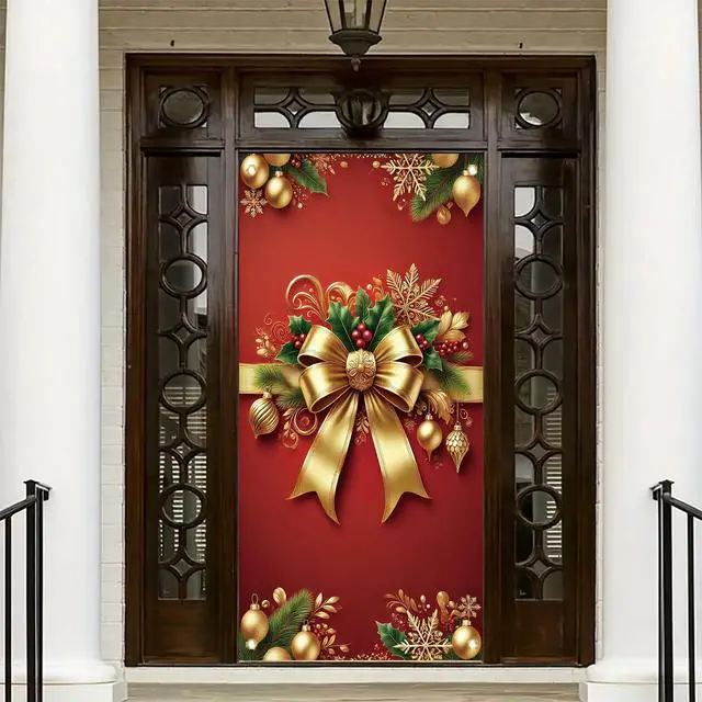 Alt view image 6 of 7 - Christmas Door Cover Red Gold Bow Banner 71 x 35 Inch Wrap Backdrop with Ornaments Holly Leaves and Snowflakes for Christmas Party Wall Hanging Front Door Winter Decoration