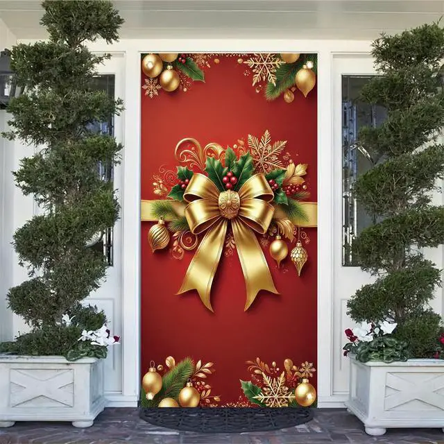 Alt view image 7 of 7 - Christmas Door Cover Red Gold Bow Banner 71 x 35 Inch Wrap Backdrop with Ornaments Holly Leaves and Snowflakes for Christmas Party Wall Hanging Front Door Winter Decoration