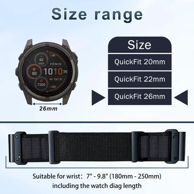 Alt view image 5 of 7 - QuickFit 26 mm Replacement Watch Strap Compatible with Garmin Fenix 8 51 mm/Fenix 7X Pro Solar/Fenix 6X/Fenix 5X, Adjustable Bracelet, Nylon Sport Band for Garmin Tactix 8 51 mm - Black