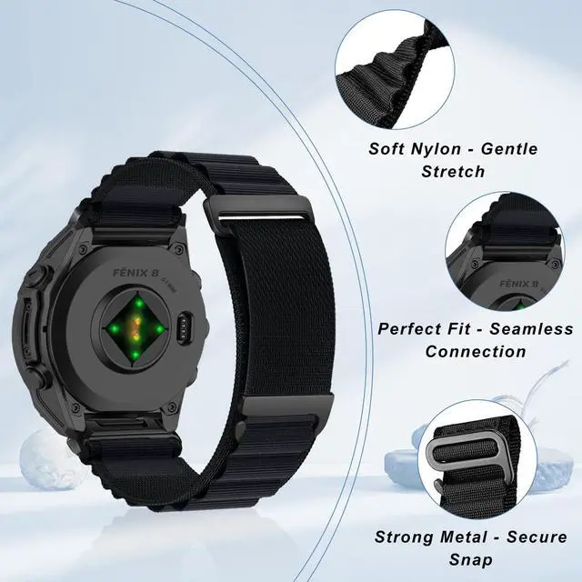Alt view image 4 of 7 - QuickFit 26 mm Replacement Watch Strap Compatible with Garmin Fenix 8 51 mm/Fenix 7X Pro Solar/Fenix 6X/Fenix 5X, Adjustable Bracelet, Nylon Sport Band for Garmin Tactix 8 51 mm - Black