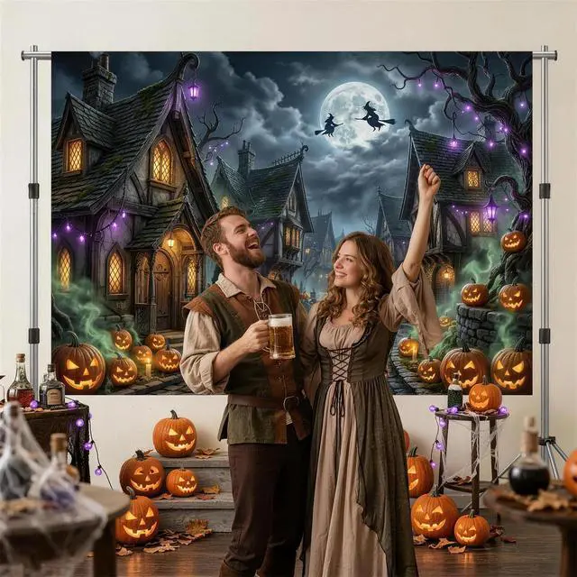 Alt view image 3 of 6 - Scary Halloween Backdrop Haunted House Evil Village Pumpkin Background for Halloween Party Decorations Photo Booth Props Spooky Happy Halloween Banner (8x6ft (96x72 inch))