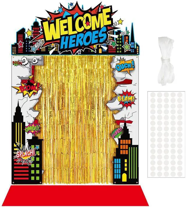 Main image of 7 Pcs Hero Party Backdrop Banner Gold Fringe Curtain Decor | City Theme Door Banner, Birthday Photo Background, Foil Curtain with Dots, Porch Entryway Decor, Red Carpet Included