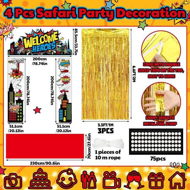 Alt view image 2 of 6 - 7 Pcs Hero Party Backdrop Banner Gold Fringe Curtain Decor | City Theme Door Banner, Birthday Photo Background, Foil Curtain with Dots, Porch Entryway Decor, Red Carpet Included