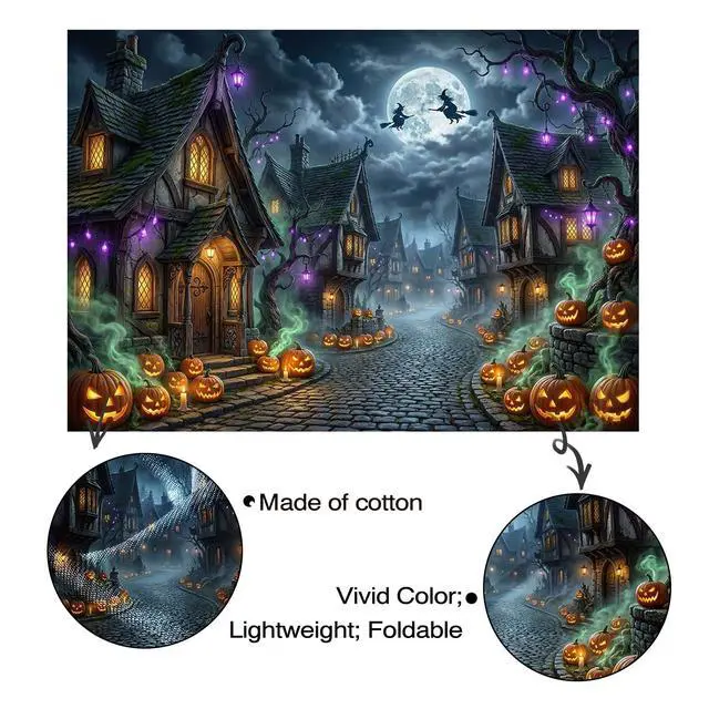 Alt view image 5 of 6 - Scary Halloween Backdrop Haunted House Evil Village Pumpkin Background for Halloween Party Decorations Photo Booth Props Spooky Happy Halloween Banner (8x6ft (96x72 inch))