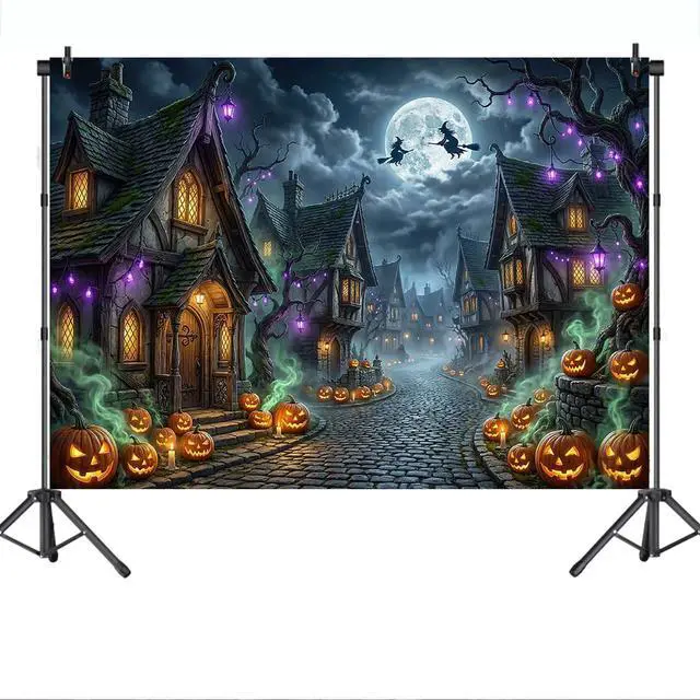 Alt view image 4 of 6 - Scary Halloween Backdrop Haunted House Evil Village Pumpkin Background for Halloween Party Decorations Photo Booth Props Spooky Happy Halloween Banner (8x6ft (96x72 inch))