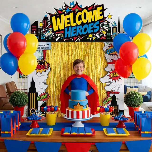 Alt view image 3 of 6 - 7 Pcs Hero Party Backdrop Banner Gold Fringe Curtain Decor | City Theme Door Banner, Birthday Photo Background, Foil Curtain with Dots, Porch Entryway Decor, Red Carpet Included
