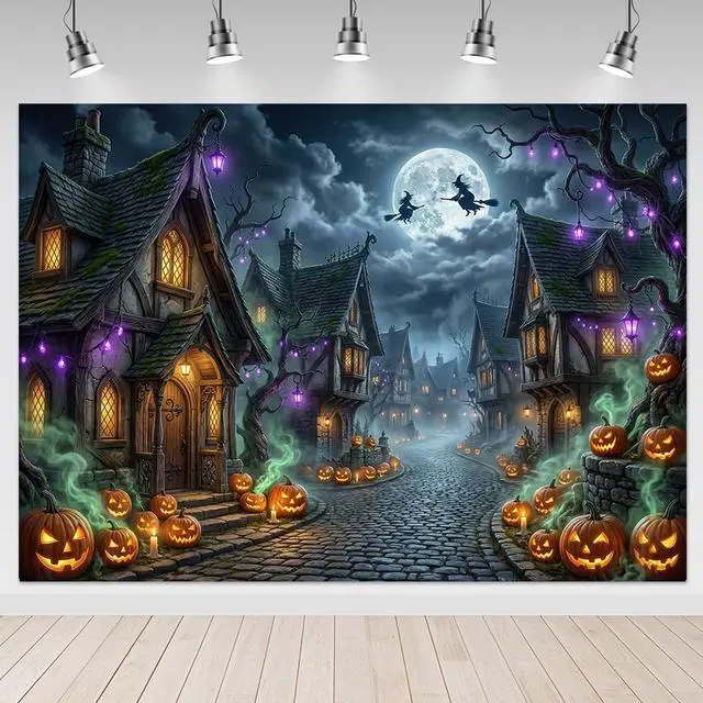 Main image of Scary Halloween Backdrop Haunted House Evil Village Pumpkin Background for Halloween Party Decorations Photo Booth Props Spooky Happy Halloween Banner (8x6ft (96x72 inch))