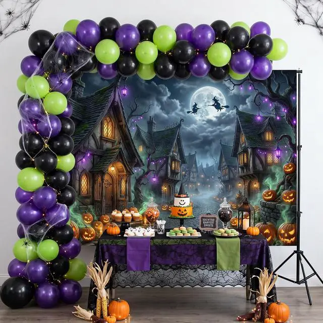 Alt view image 2 of 6 - Scary Halloween Backdrop Haunted House Evil Village Pumpkin Background for Halloween Party Decorations Photo Booth Props Spooky Happy Halloween Banner (8x6ft (96x72 inch))