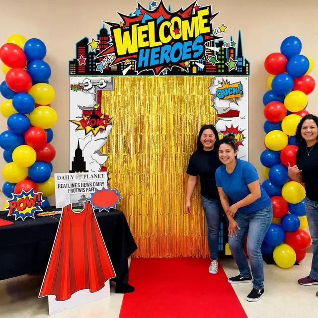 Alt view image 4 of 6 - 7 Pcs Hero Party Backdrop Banner Gold Fringe Curtain Decor | City Theme Door Banner, Birthday Photo Background, Foil Curtain with Dots, Porch Entryway Decor, Red Carpet Included