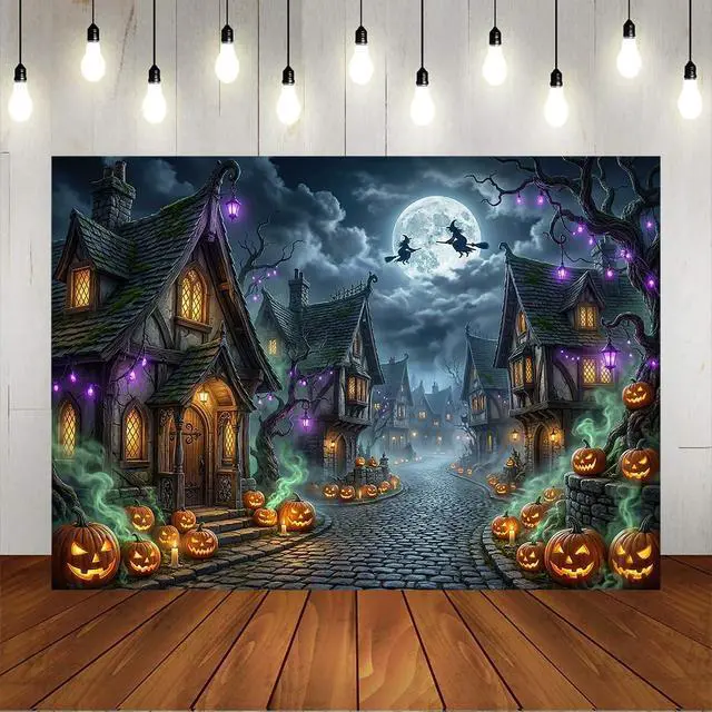 Alt view image 6 of 6 - Scary Halloween Backdrop Haunted House Evil Village Pumpkin Background for Halloween Party Decorations Photo Booth Props Spooky Happy Halloween Banner (8x6ft (96x72 inch))