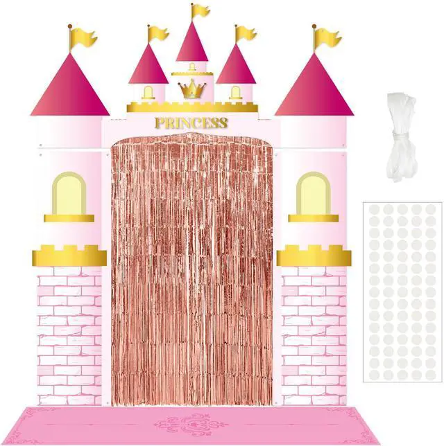 Main image of 7 Pcs Princess Party Decorations Castle Backdrop Curtain Birthday | Rose Gold Fringe Curtain, Pink Rug with Crown, Door Entryway Decor, Photo Backdrop, Birthday Party Set for Girls