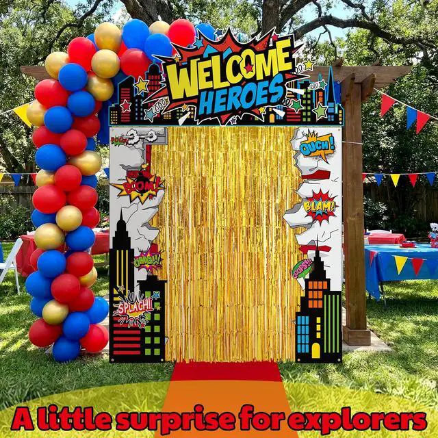 Alt view image 5 of 6 - 7 Pcs Hero Party Backdrop Banner Gold Fringe Curtain Decor | City Theme Door Banner, Birthday Photo Background, Foil Curtain with Dots, Porch Entryway Decor, Red Carpet Included