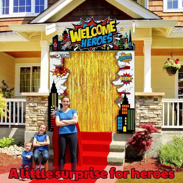 Alt view image 6 of 6 - 7 Pcs Hero Party Backdrop Banner Gold Fringe Curtain Decor | City Theme Door Banner, Birthday Photo Background, Foil Curtain with Dots, Porch Entryway Decor, Red Carpet Included