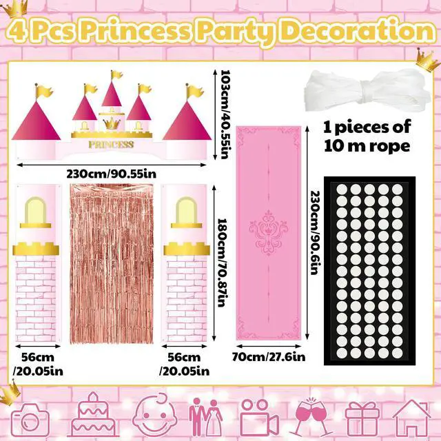 Alt view image 2 of 6 - 7 Pcs Princess Party Decorations Castle Backdrop Curtain Birthday | Rose Gold Fringe Curtain, Pink Rug with Crown, Door Entryway Decor, Photo Backdrop, Birthday Party Set for Girls