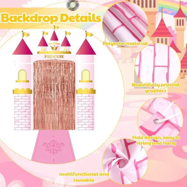 Alt view image 3 of 6 - 7 Pcs Princess Party Decorations Castle Backdrop Curtain Birthday | Rose Gold Fringe Curtain, Pink Rug with Crown, Door Entryway Decor, Photo Backdrop, Birthday Party Set for Girls
