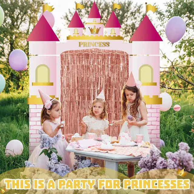 Alt view image 4 of 6 - 7 Pcs Princess Party Decorations Castle Backdrop Curtain Birthday | Rose Gold Fringe Curtain, Pink Rug with Crown, Door Entryway Decor, Photo Backdrop, Birthday Party Set for Girls