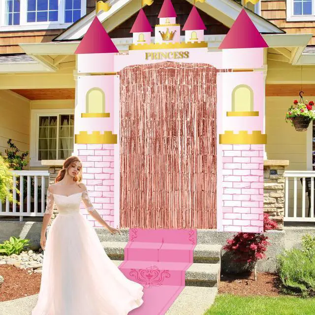 Alt view image 5 of 6 - 7 Pcs Princess Party Decorations Castle Backdrop Curtain Birthday | Rose Gold Fringe Curtain, Pink Rug with Crown, Door Entryway Decor, Photo Backdrop, Birthday Party Set for Girls