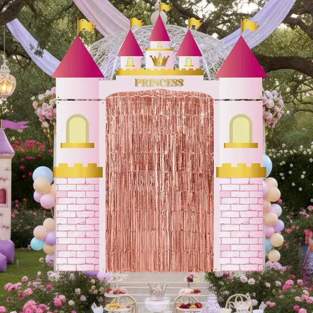 Alt view image 6 of 6 - 7 Pcs Princess Party Decorations Castle Backdrop Curtain Birthday | Rose Gold Fringe Curtain, Pink Rug with Crown, Door Entryway Decor, Photo Backdrop, Birthday Party Set for Girls