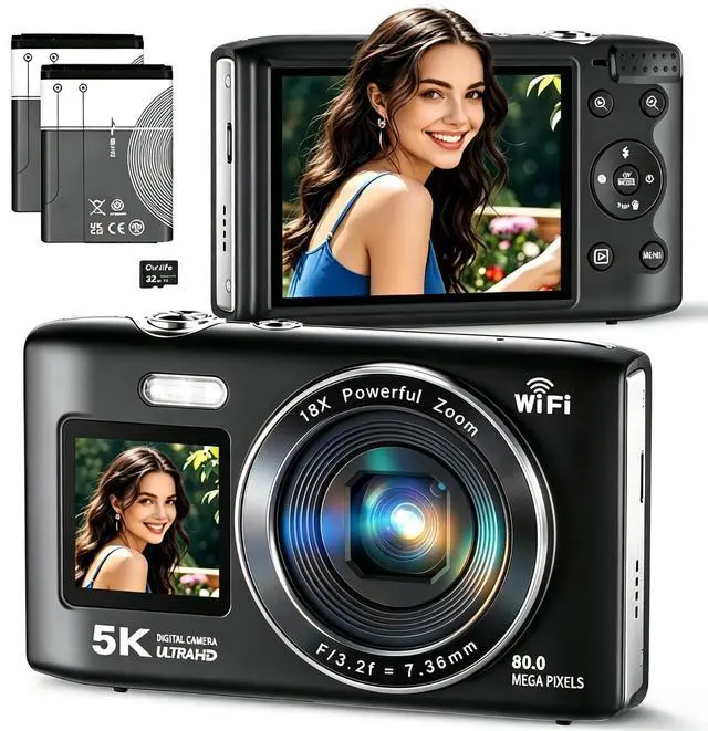 Main image of 5K Digital Camera Dual Screen Cameras for Photography | 18X Zoom Point and Shoot Digital Camera for Beninners Teens,Campus,Travel 2 Batteries(32GB Card)