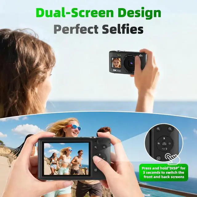 Alt view image 3 of 6 - 5K Digital Camera Dual Screen Cameras for Photography | 18X Zoom Point and Shoot Digital Camera for Beninners Teens,Campus,Travel 2 Batteries(32GB Card)