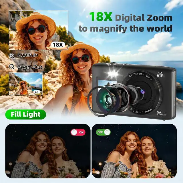 Alt view image 5 of 6 - 5K Digital Camera Dual Screen Cameras for Photography | 18X Zoom Point and Shoot Digital Camera for Beninners Teens,Campus,Travel 2 Batteries(32GB Card)