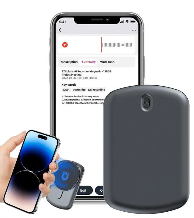 Alt view image 2 of 7 - AI Note Taker Transcription with APP 128GB Voice Recorder for Phone Call | 24 Hours Battery Life,32+ Languages,Real-Time Transcription,Magnetic backside,Offline Recording Recorder for Lecture,Meeting