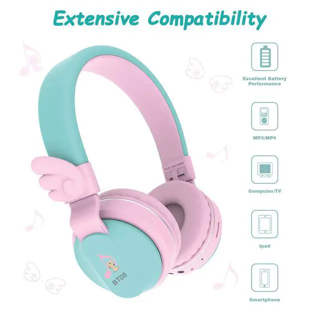 Alt view image 3 of 6 - Kids Bluetooth Headphones, BT05 Wireless Kids Headphones Over Ear with Volume Limited and Mic/TF Card Compatible for iPad/iPhone/Tablet (Pink&Green)