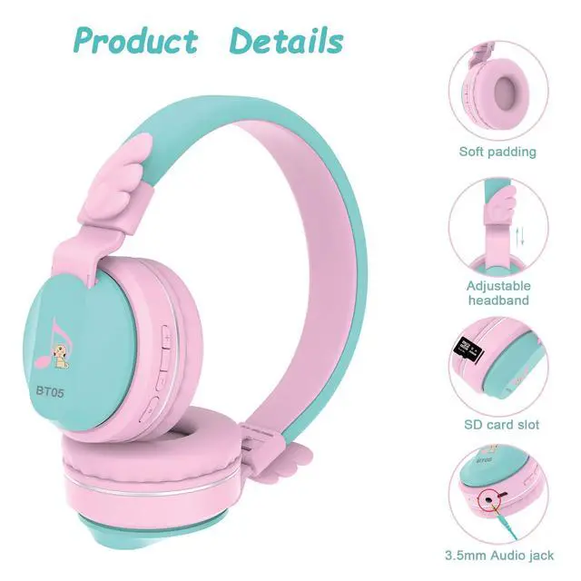 Alt view image 5 of 6 - Kids Bluetooth Headphones, BT05 Wireless Kids Headphones Over Ear with Volume Limited and Mic/TF Card Compatible for iPad/iPhone/Tablet (Pink&Green)