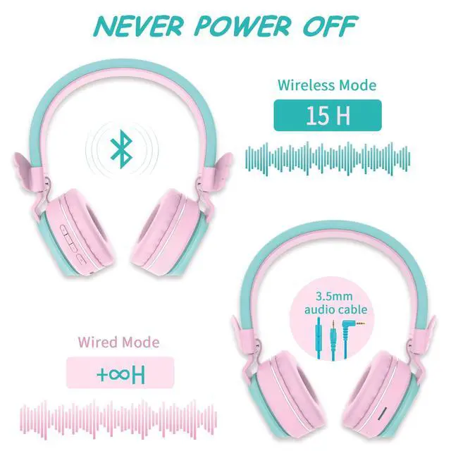 Alt view image 4 of 6 - Kids Bluetooth Headphones, BT05 Wireless Kids Headphones Over Ear with Volume Limited and Mic/TF Card Compatible for iPad/iPhone/Tablet (Pink&Green)