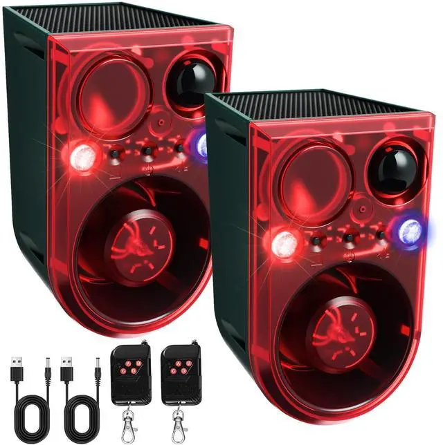 Main image of 2 Pack Solar Outdoor Motion Sensor Alarm Ultrasonic Animal Deterrent Alarm 13 Sound 130 dB Loud Noise Maker with USB Remote Control 4 Mode Repels for Garden Yard Farm Home Security(Red)