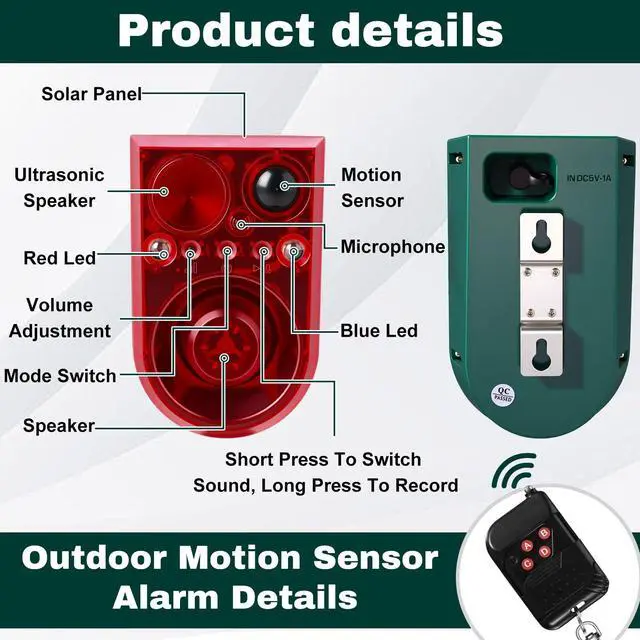 Alt view image 3 of 7 - 2 Pack Solar Outdoor Motion Sensor Alarm Ultrasonic Animal Deterrent Alarm 13 Sound 130 dB Loud Noise Maker with USB Remote Control 4 Mode Repels for Garden Yard Farm Home Security(Red)