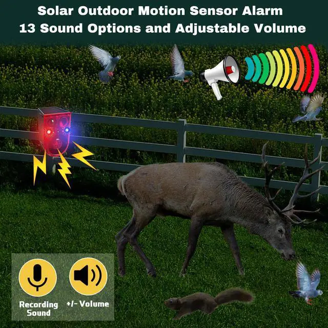 Alt view image 4 of 7 - 2 Pack Solar Outdoor Motion Sensor Alarm Ultrasonic Animal Deterrent Alarm 13 Sound 130 dB Loud Noise Maker with USB Remote Control 4 Mode Repels for Garden Yard Farm Home Security(Red)