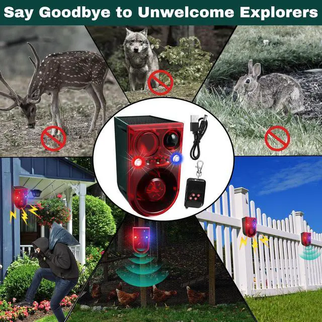 Alt view image 5 of 7 - 2 Pack Solar Outdoor Motion Sensor Alarm Ultrasonic Animal Deterrent Alarm 13 Sound 130 dB Loud Noise Maker with USB Remote Control 4 Mode Repels for Garden Yard Farm Home Security(Red)