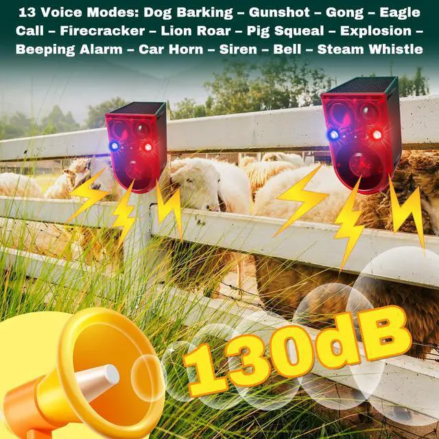 Alt view image 6 of 7 - 2 Pack Solar Outdoor Motion Sensor Alarm Ultrasonic Animal Deterrent Alarm 13 Sound 130 dB Loud Noise Maker with USB Remote Control 4 Mode Repels for Garden Yard Farm Home Security(Red)