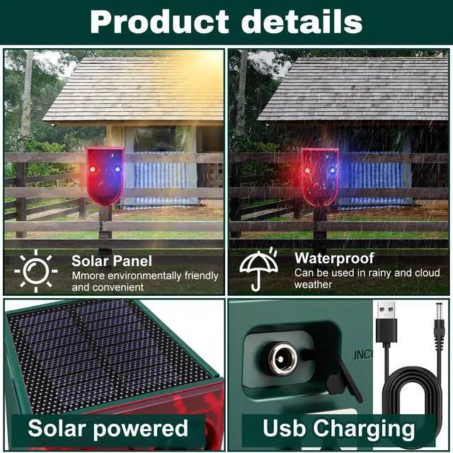 Alt view image 7 of 7 - 2 Pack Solar Outdoor Motion Sensor Alarm Ultrasonic Animal Deterrent Alarm 13 Sound 130 dB Loud Noise Maker with USB Remote Control 4 Mode Repels for Garden Yard Farm Home Security(Red)