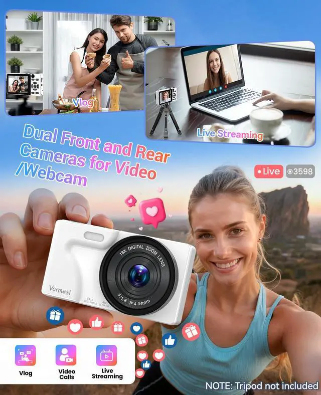Alt view image 5 of 6 - 4K Digital Camera for Photography Autofocus,18X Zoom, 64MP Portable Pocket Camera for Vlogging Travel Video, Compact Point and Shoot Digital Camera for Beginners with 64GB Card