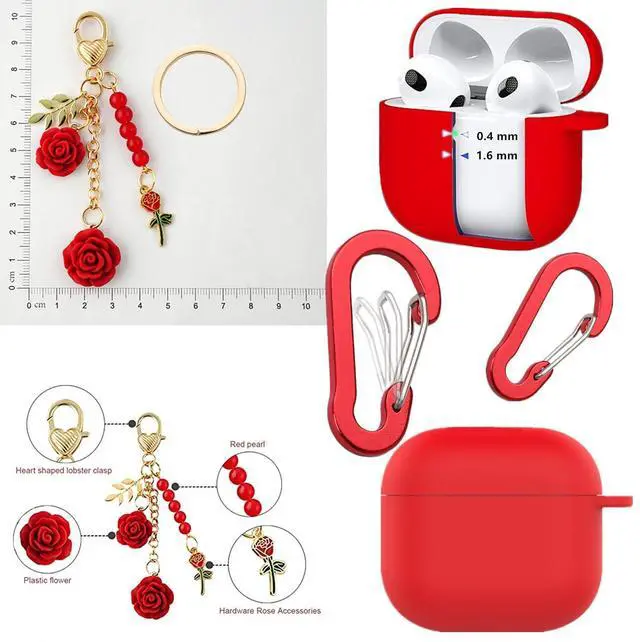 Alt view image 3 of 7 - Case for Airpods 4 Case with Cute Keychain, Silicone Shockproof Protective Cover Compatible with Airpods 4th Generation case Charging Headphone Case Cover for Women Girl (Red)