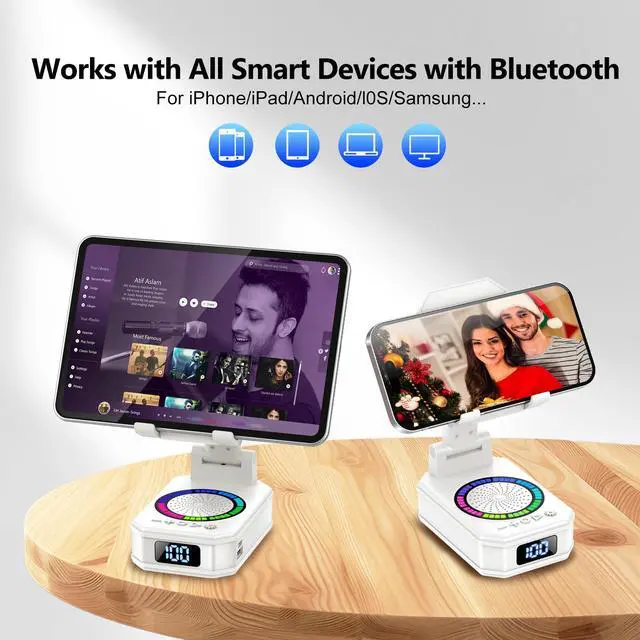 Alt view image 3 of 6 - Cell Phone Stand with Wireless Bluetooth Speaker and Colorful LED Lights, 4-in-1 Multifunctional Phone Holder Support Fast Charging, Adjustable Desktop Stand for iOS Android White