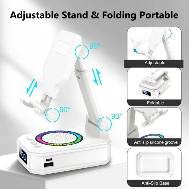 Alt view image 4 of 6 - Cell Phone Stand with Wireless Bluetooth Speaker and Colorful LED Lights, 4-in-1 Multifunctional Phone Holder Support Fast Charging, Adjustable Desktop Stand for iOS Android White