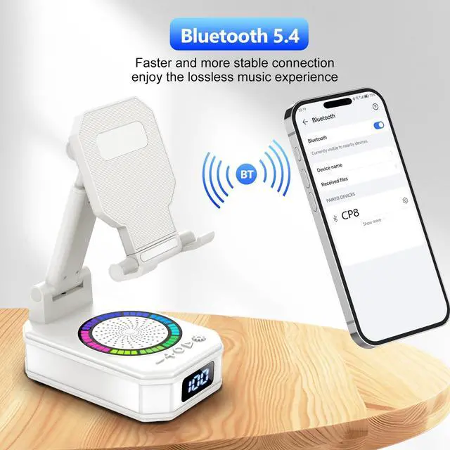 Alt view image 5 of 6 - Cell Phone Stand with Wireless Bluetooth Speaker and Colorful LED Lights, 4-in-1 Multifunctional Phone Holder Support Fast Charging, Adjustable Desktop Stand for iOS Android White